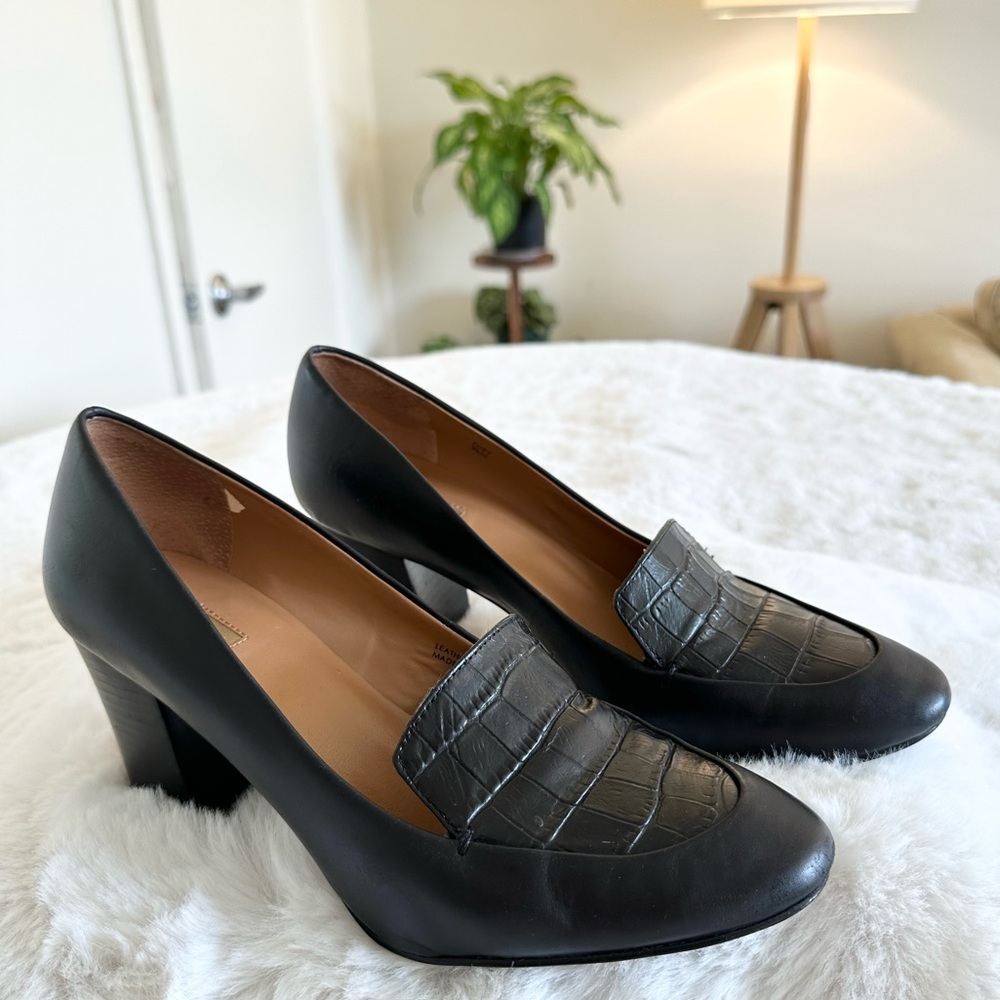 Tahari Black Leather Croc-Accent Block Heel Pumps
